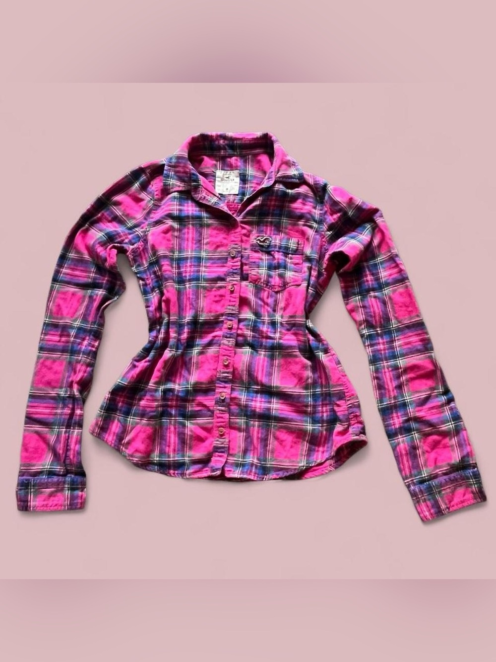 Y2K 2000s Preppy Hollister Co. pink plaid button-up shirt M